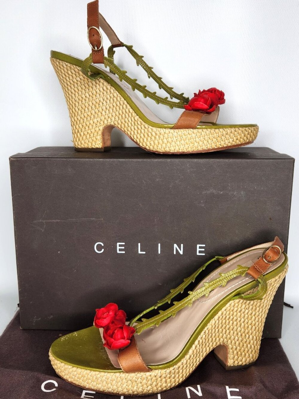 CELINE vintage 38 woman ROSEBUDS Leather & raffia Platform Sandals Authentic